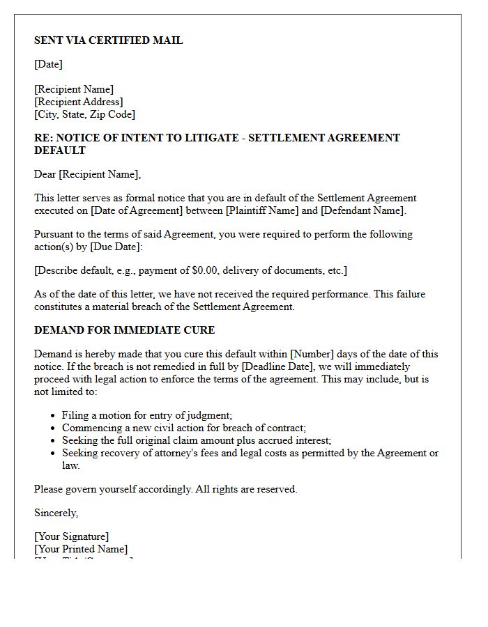 Notice of Intent to Litigate Settlement Default Letter