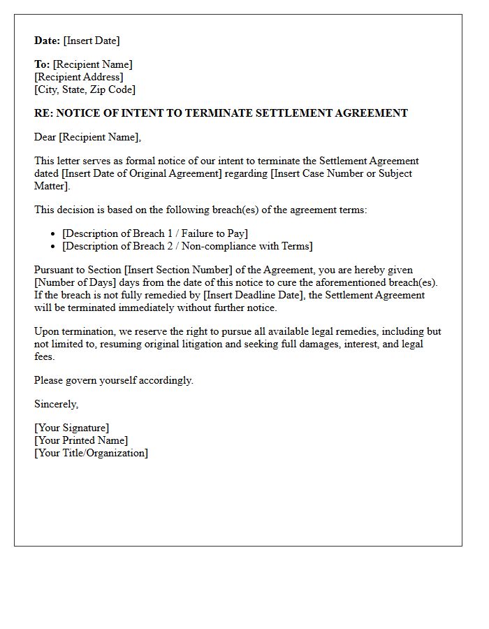 Notice of Intent to Terminate Settlement Letter