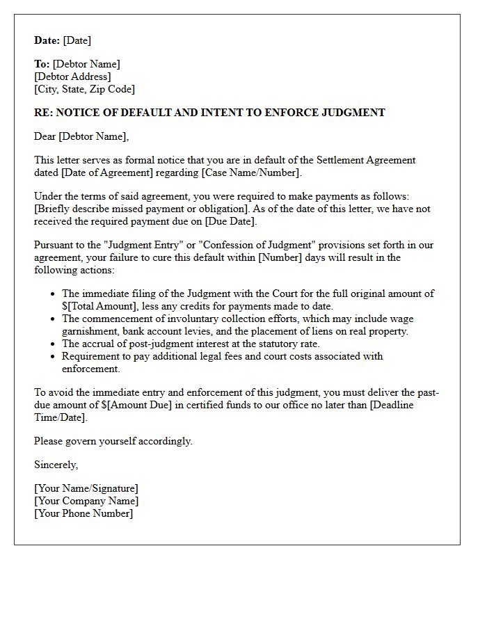 Notice of Judgment Enforcement Upon Settlement Default Letter