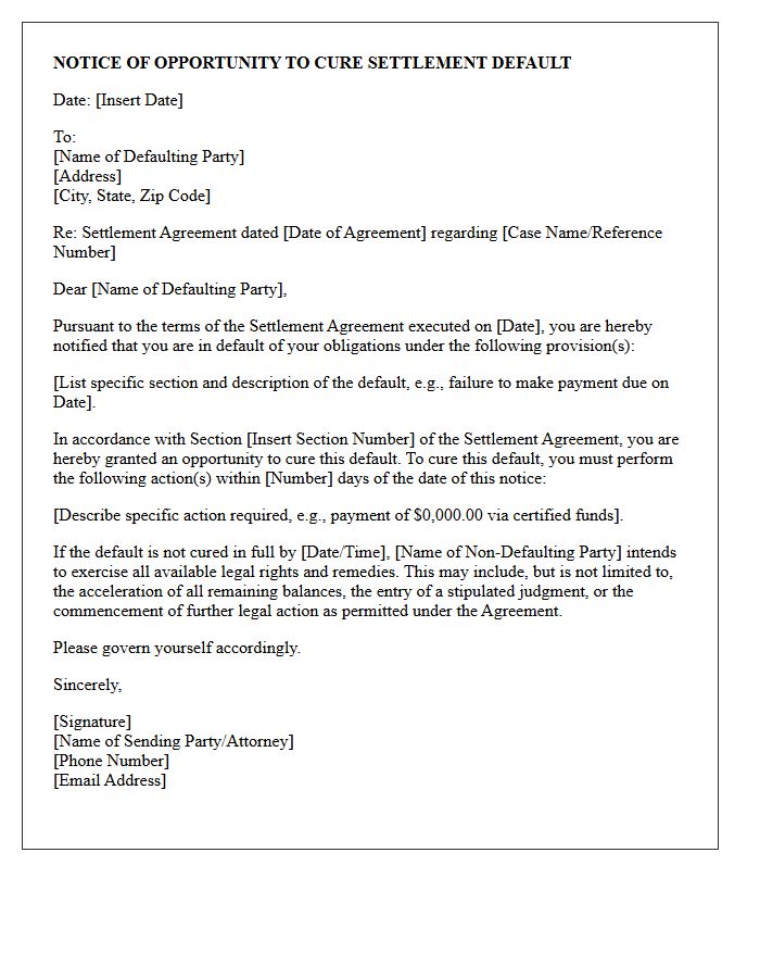 Notice of Opportunity to Cure Settlement Default Letter