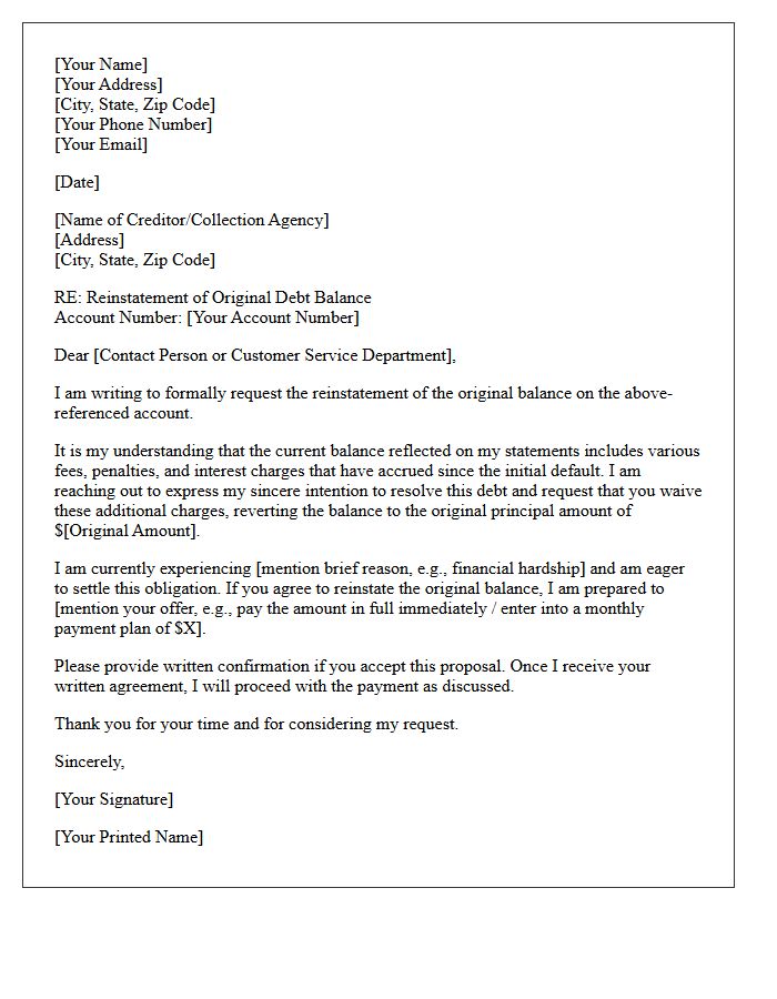 Reinstatement of Original Debt Balance Letter