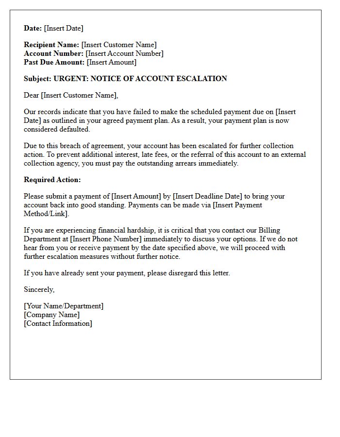 Account Escalation Missed Payment Plan Letter