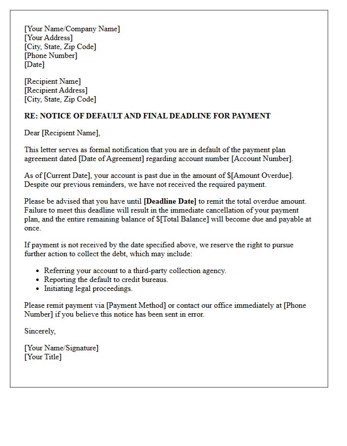 Defaulted Payment Plan Deadline Notification Letter