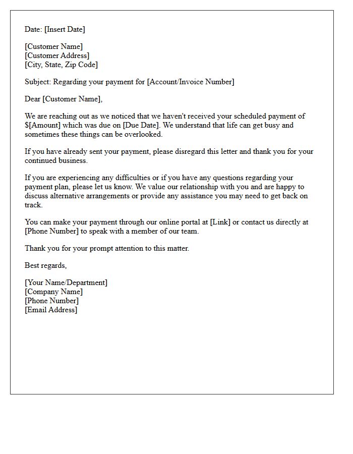 Friendly Missed Payment Plan Courtesy Letter