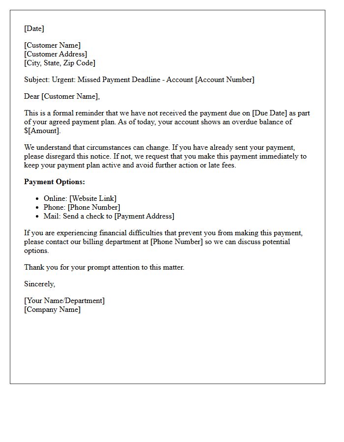 Initial Missed Payment Plan Deadline Reminder Letter