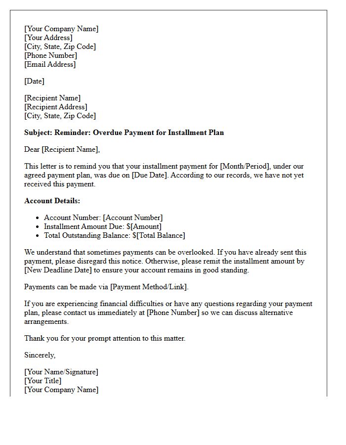 Overdue Payment Plan Installment Reminder Letter