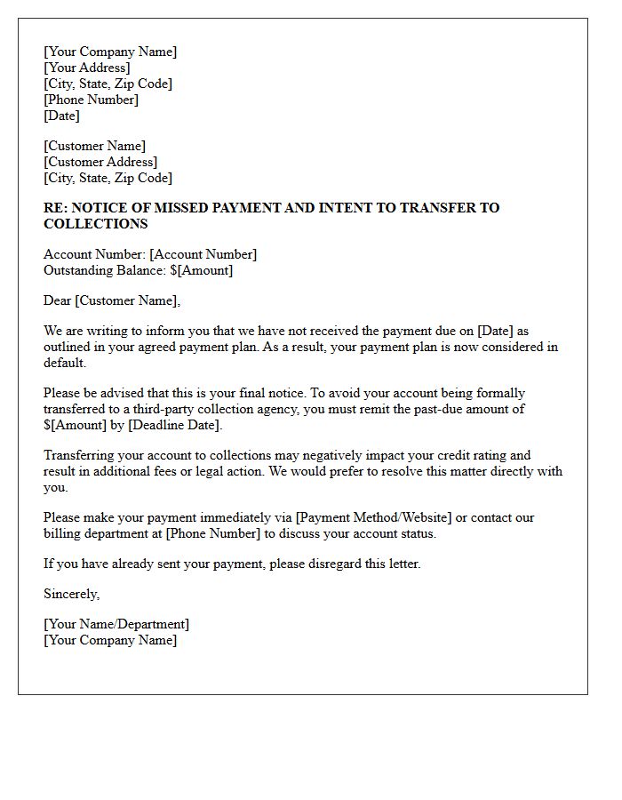 Pre-Collection Missed Payment Plan Deadline Letter