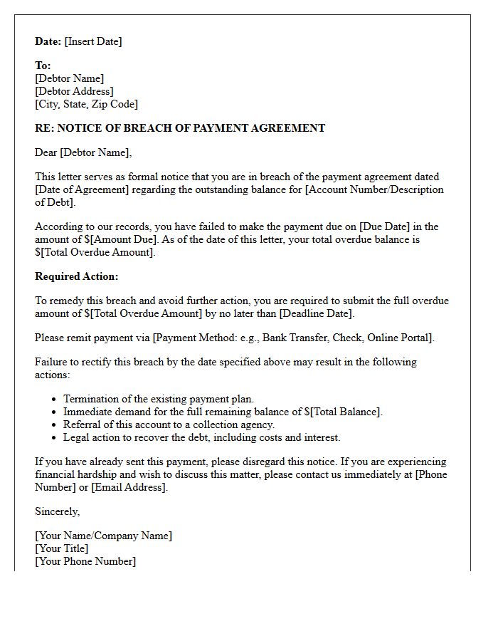 Breach of Payment Agreement Letter Requiring Action