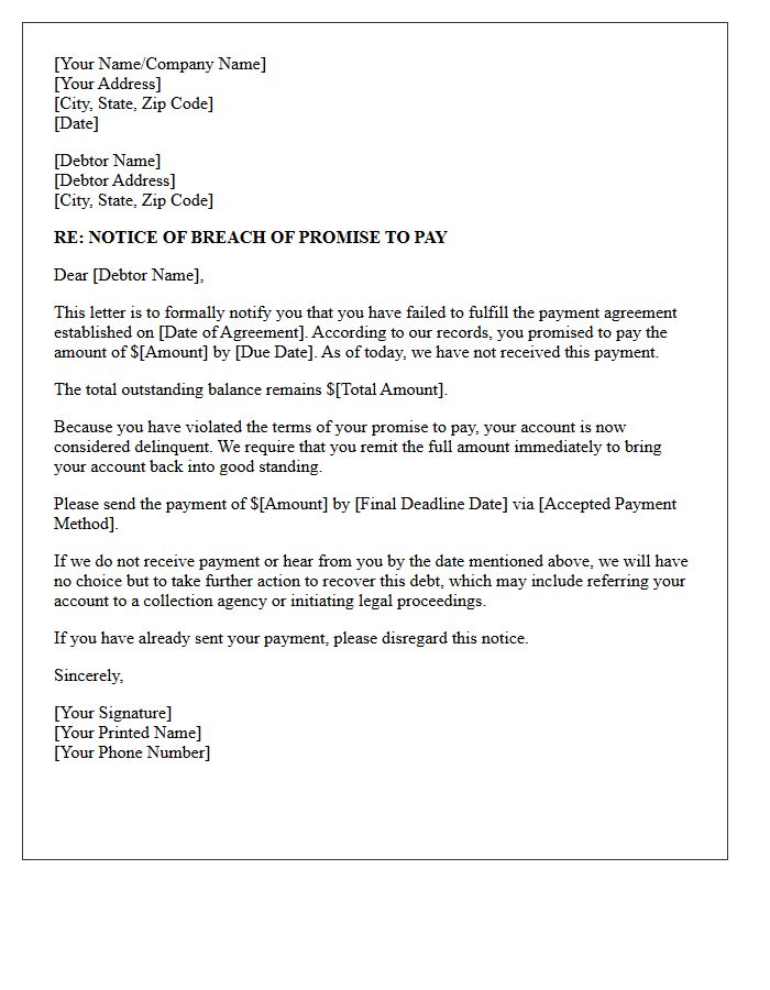Debt Recovery Letter for Violated Promise to Pay