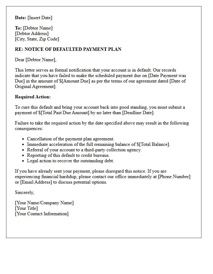 Defaulted Payment Plan Letter of Required Action