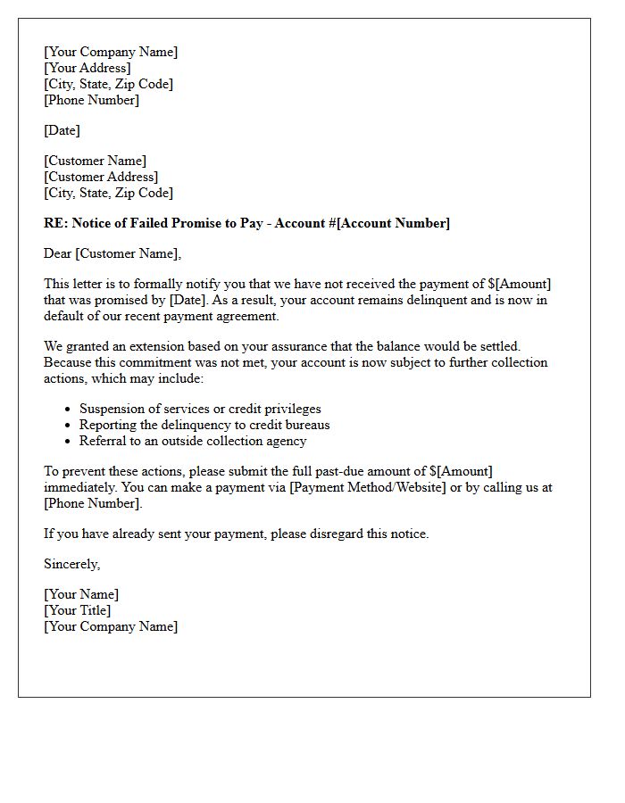 Delinquent Account Letter for Failed Promise to Pay