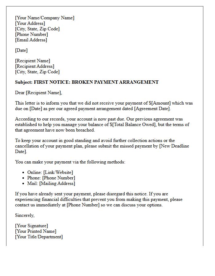 First Notice Letter for Broken Payment Arrangement