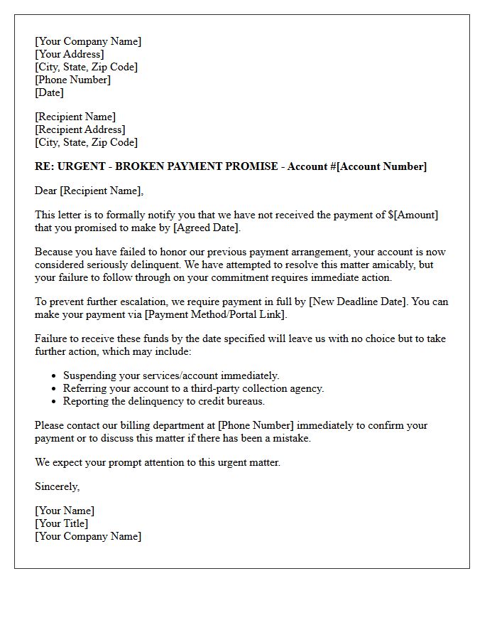 Immediate Action Required Letter for Broken Payment Promise