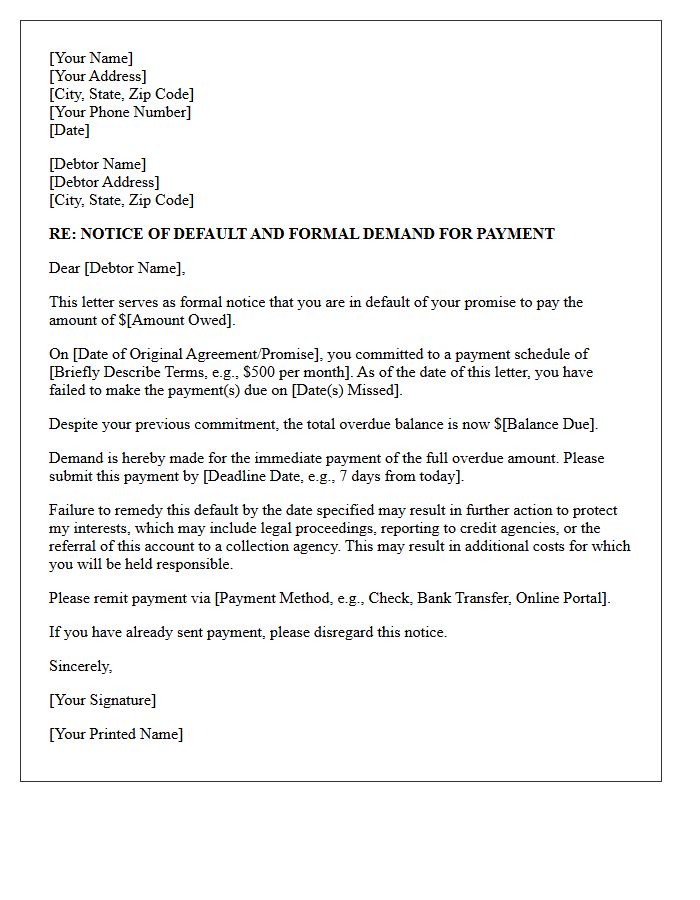 Notice of Default Letter for Broken Promise to Pay