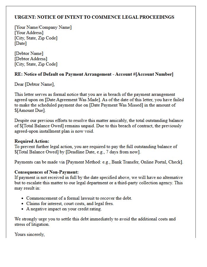 Pre-Legal Action Letter for Broken Payment Arrangement