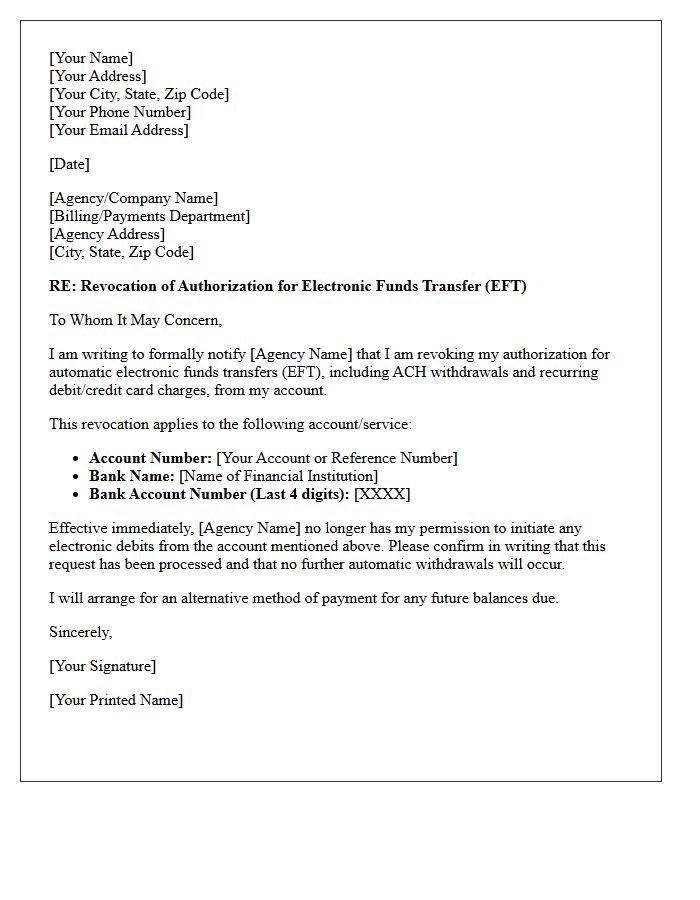 Agency Initiated Electronic Funds Transfer Revocation Letter