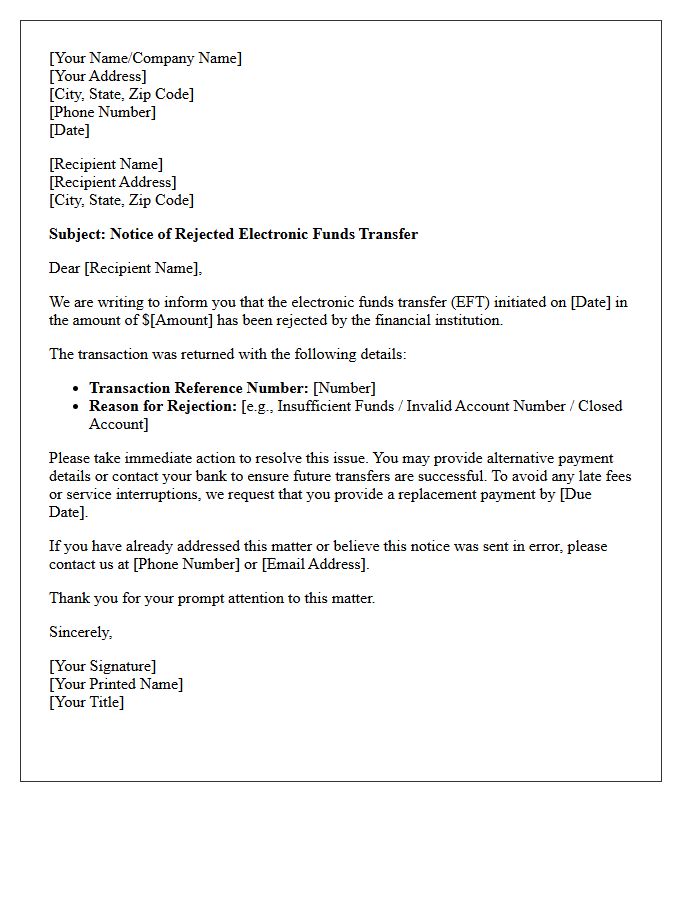Bank Rejected Transaction Electronic Funds Transfer Letter