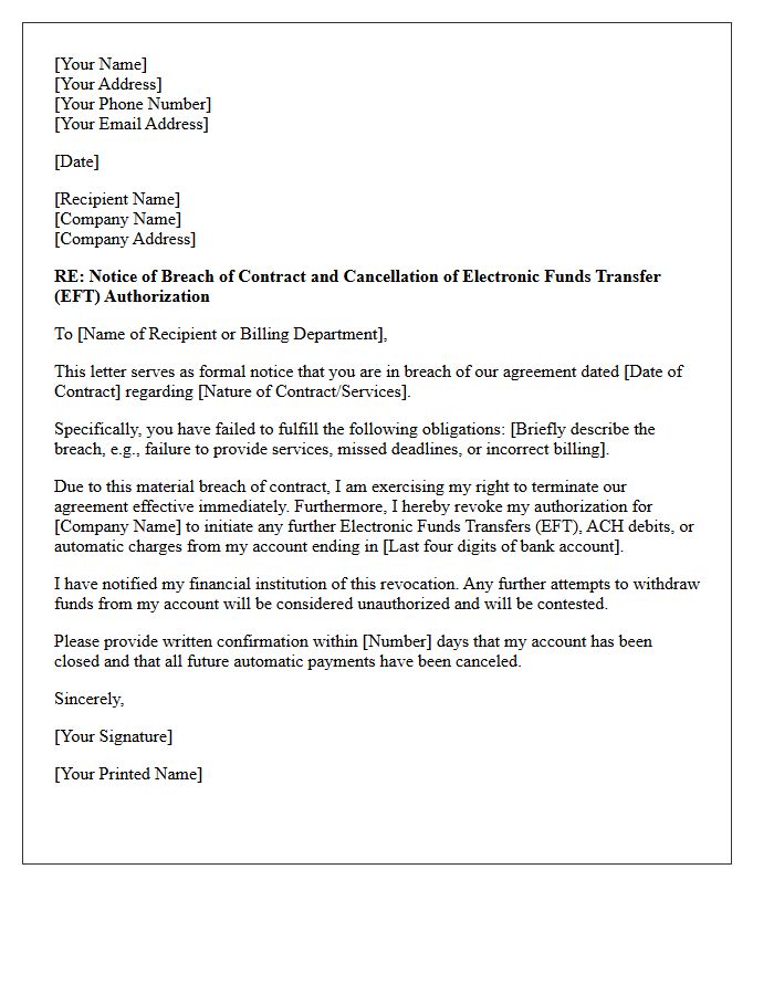 Breach of Contract Electronic Funds Transfer Cancellation Letter