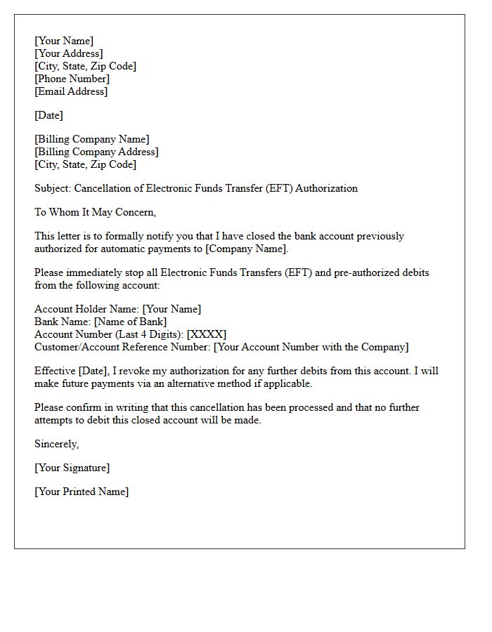 Closed Account Electronic Funds Transfer Cancellation Letter