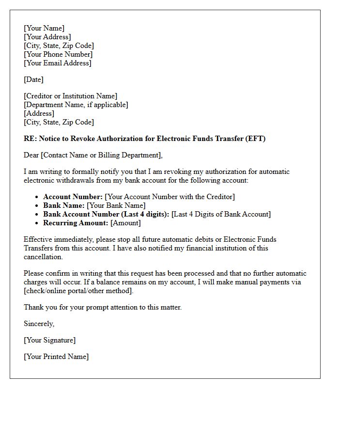 Debtor Requested Electronic Funds Transfer Cancellation Letter