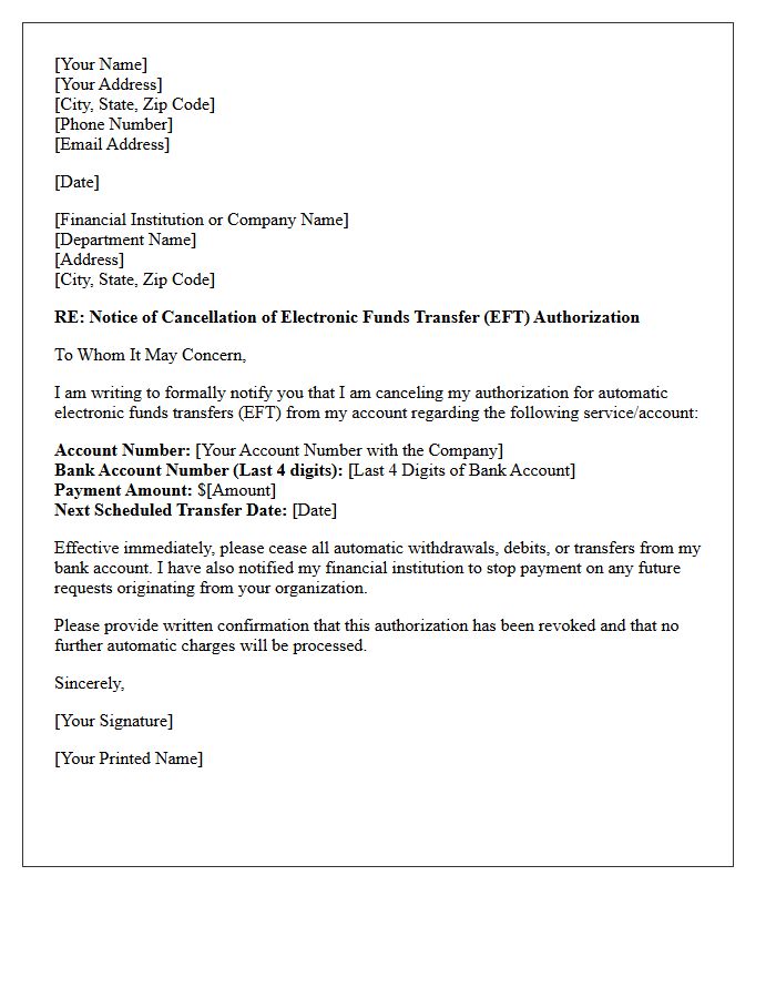 Default Status Electronic Funds Transfer Cancellation Letter
