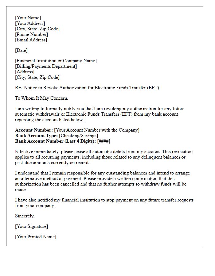 Delinquent Account Electronic Funds Transfer Cancellation Letter