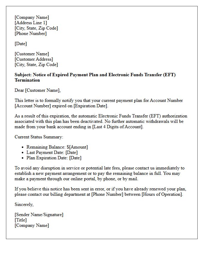 Expired Payment Plan Electronic Funds Transfer Notice Letter