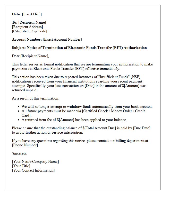 Insufficient Funds Electronic Funds Transfer Termination Letter
