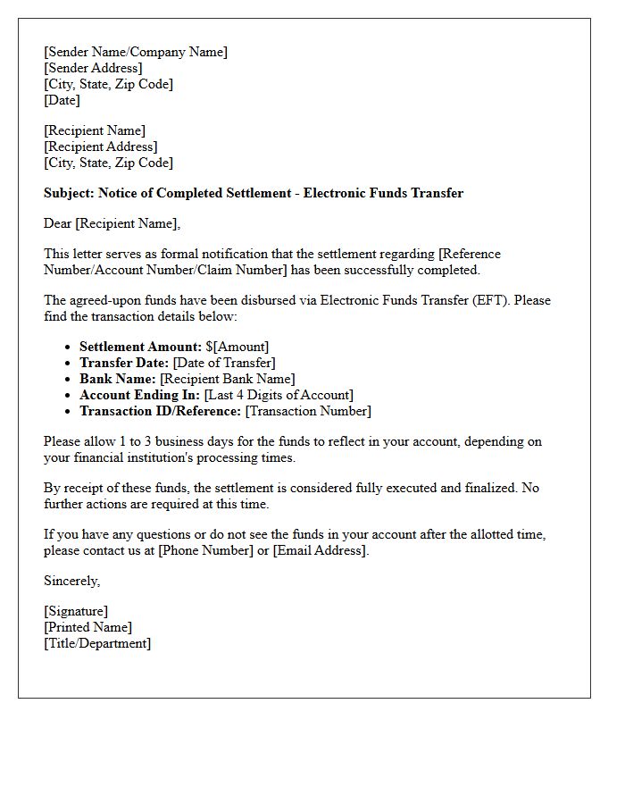 Settlement Completed Electronic Funds Transfer Notice Letter