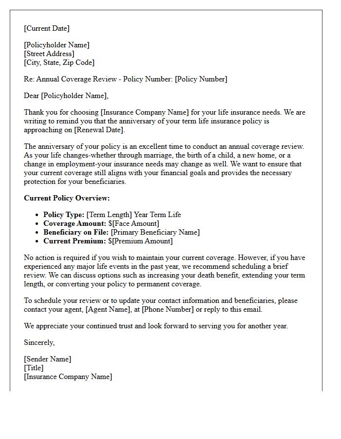 Annual Coverage Review Term Life Anniversary Renewal Letter