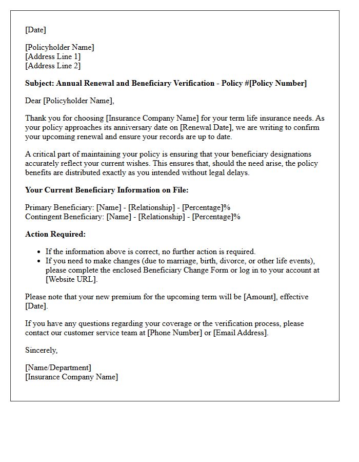 Beneficiary Verification Term Life Anniversary Renewal Letter