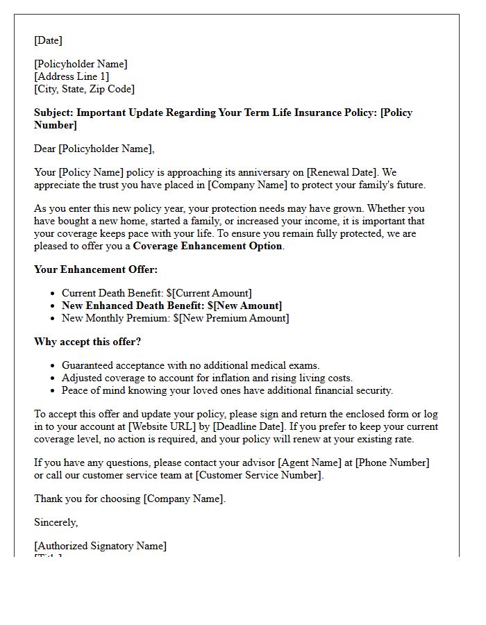 Coverage Enhancement Offer Term Life Anniversary Renewal Letter