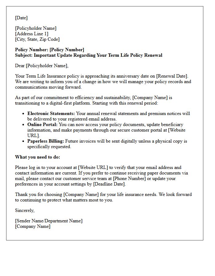 Digital Transition Notice Term Life Anniversary Renewal Letter