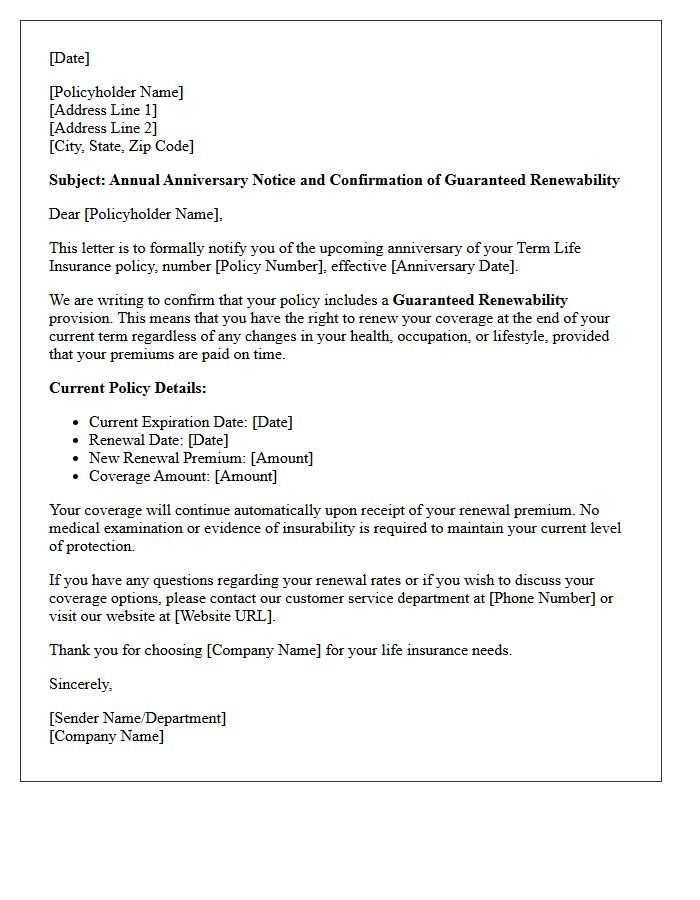Guaranteed Renewability Confirmation Term Life Anniversary Letter