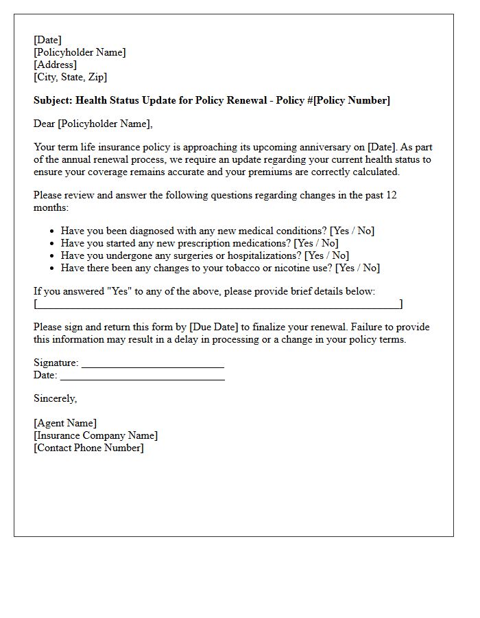 Health Status Update Term Life Anniversary Renewal Letter