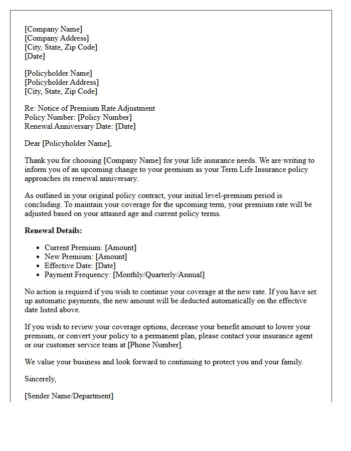 Premium Rate Adjustment Term Life Anniversary Renewal Letter