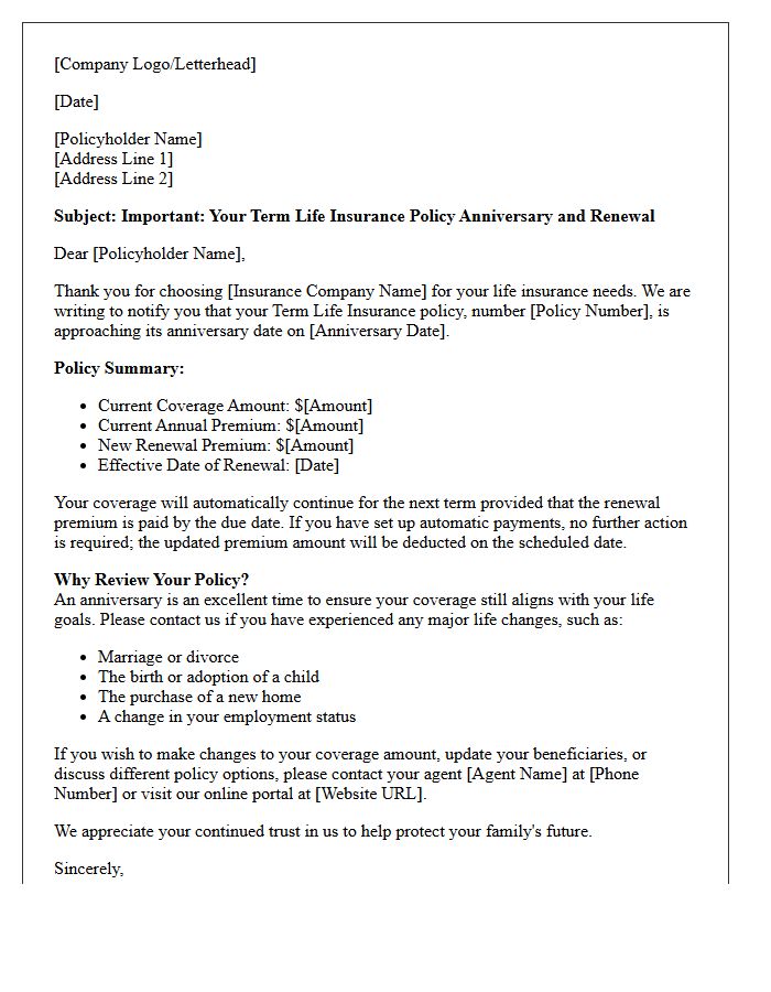 Standard Term Life Insurance Anniversary Renewal Letter