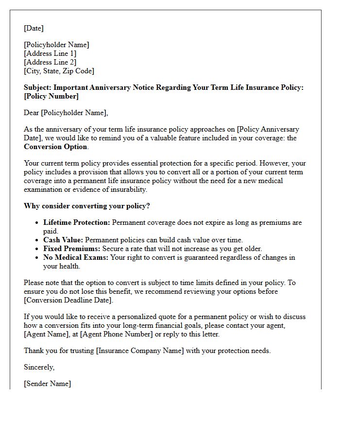 Term Life Insurance Conversion Option Anniversary Renewal Letter