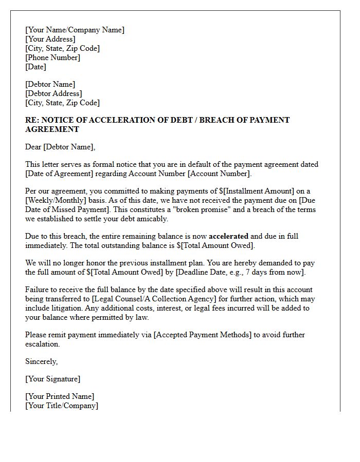 Accelerated Balance Demand Letter for Broken Promise