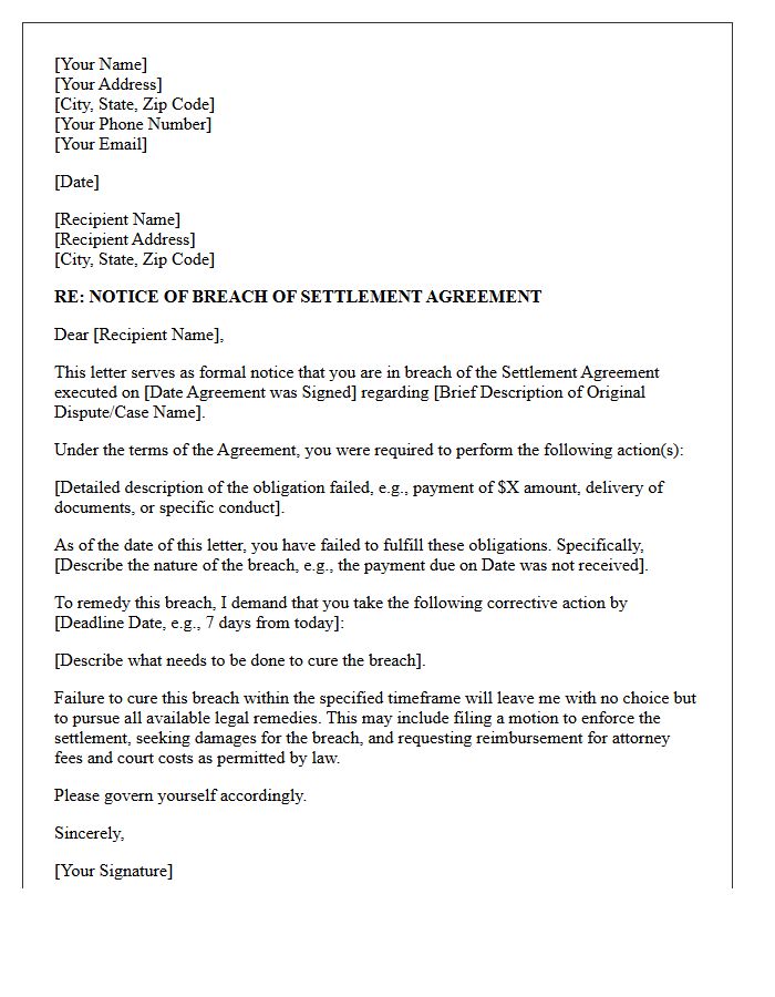 Breach of Settlement Agreement Demand Letter