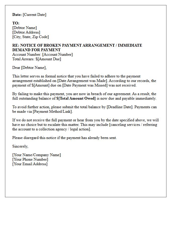 Broken Payment Arrangement Immediate Demand Letter