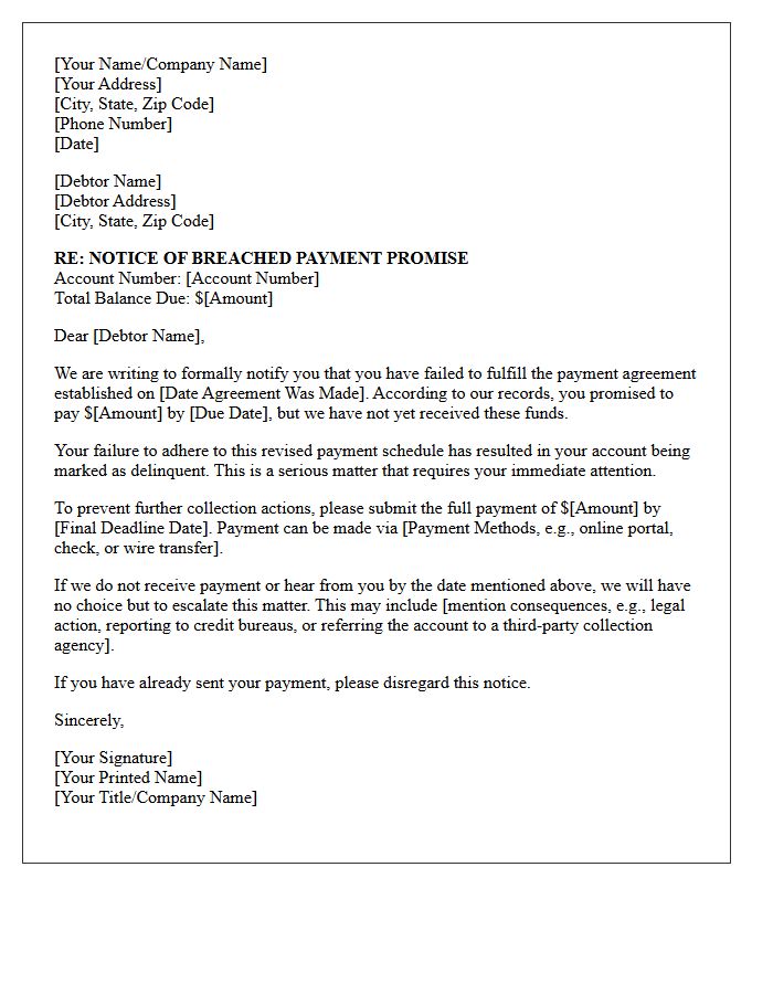 Debt Collection Letter for Breached Payment Promise