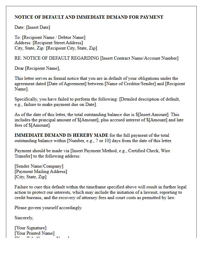 Notice of Default and Immediate Demand Letter