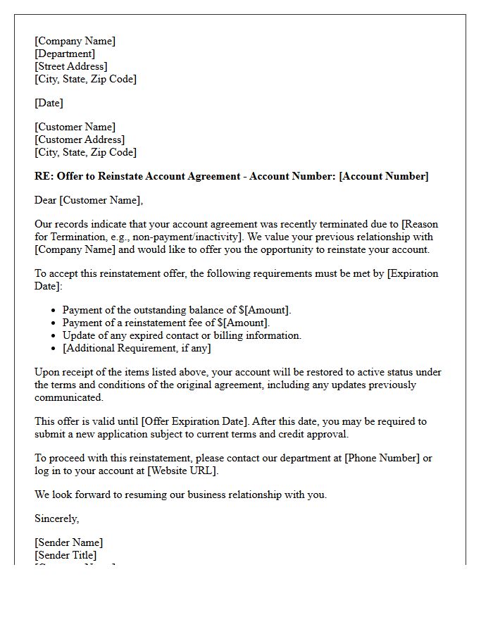 Account Agreement Reinstatement Offer Letter