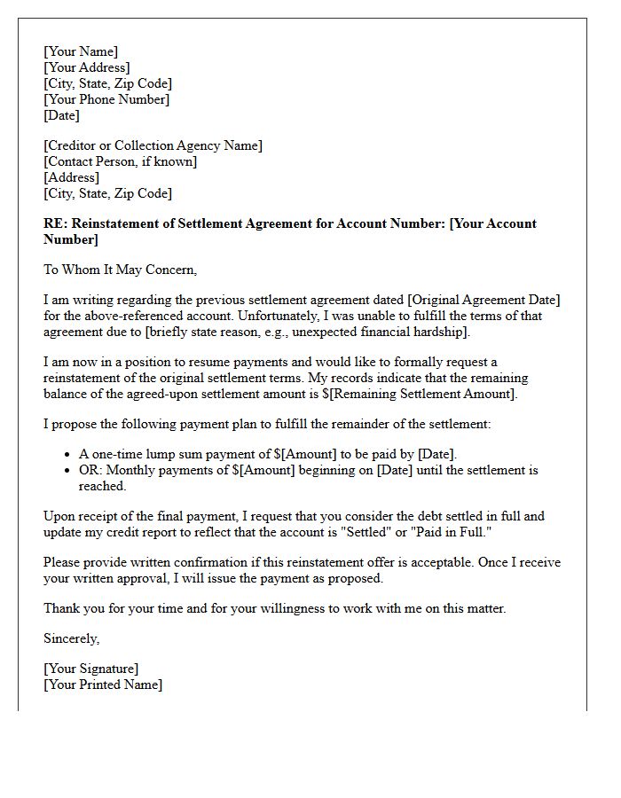 Debt Settlement Reinstatement Offer Letter