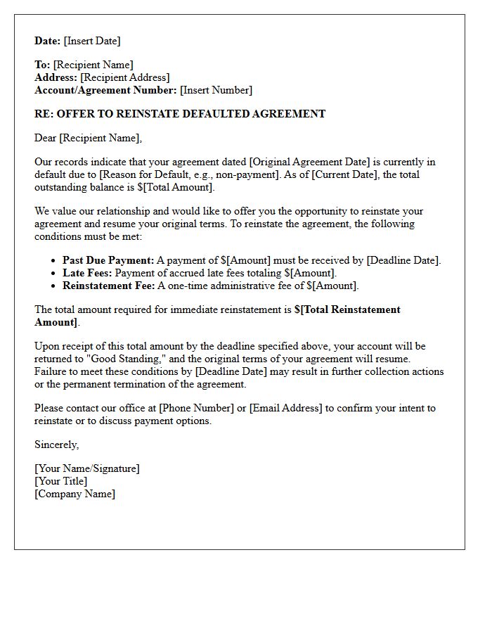 Defaulted Agreement Reinstatement Offer Letter