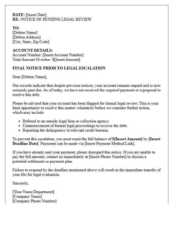 Debt Collection Letter of Escalation to Legal Review for Missed Payment