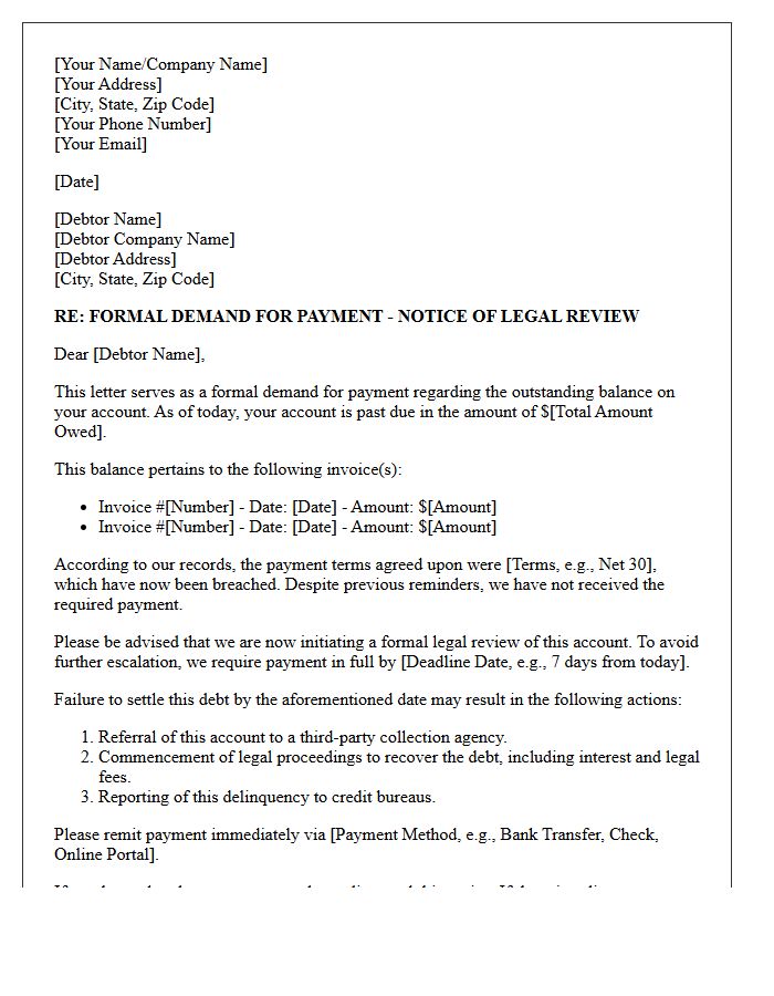 Demand Letter and Notice of Legal Review for Broken Payment Terms