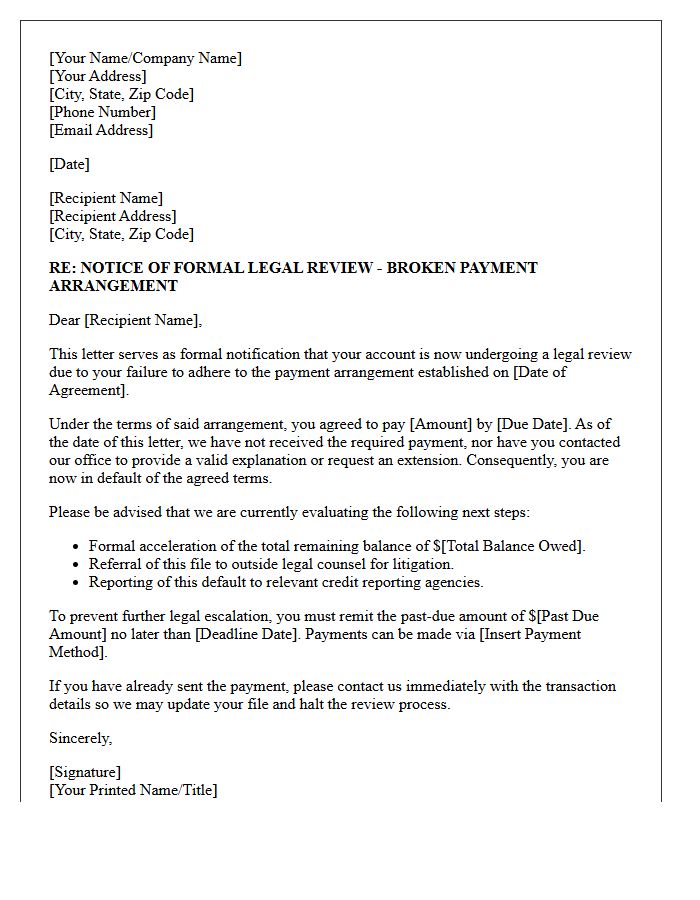Formal Letter of Legal Review Commencing Due to Broken Payment Arrangement