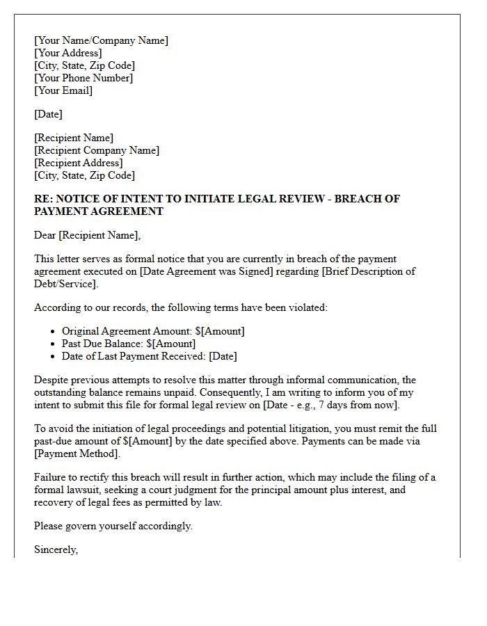 Letter of Intent to Initiate Legal Review for Breached Payment Agreement